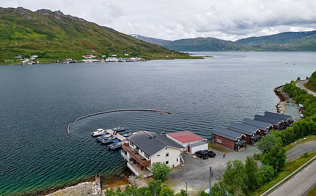 Küste Nord-Norwegens: Malerische Fjorde und grüne Hügel umrahmen traditionelle Holzhütten und Boote. Beliebtes Ziel für Angelreisen und Naturabenteuer mit atemberaubender Landschaft und idealen Bedingungen für Angelurlauber.