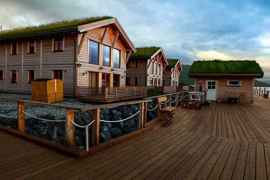 Moderne Holzhausboote mit begrünten Dächern am River Shannon, Irland. Die idyllische Anlage liegt an einer weitläufigen Holzterrasse und bietet malerische Ausblicke – perfekt für einen erholsamen Angelurlaub inmitten der Natur. Abenteuer und Entspannung garantiert.