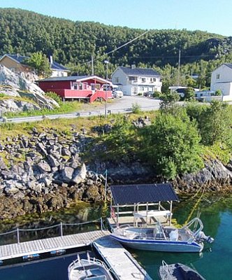 Küstenlandschaft in Nord-Norwegen mit malerischem Hafen, Booten und roten Hütten. Umgeben von grünen Hügeln, lädt die Szenerie zu Angelabenteuern ein. Perfekter Ausgangspunkt für Angelreisen in fischreiche Gewässer der norwegischen Fjorde.