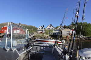 Angelreise nach Hitra, Norwegen: Moderne Boote mit Angelruten im Vordergrund, traditionelle Gebäude und klare Fjordlandschaft im Hintergrund. Perfekt für Meeresangeln und unvergessliche Naturerlebnisse. Petri Heil in Skandinaviens Angelparadies!