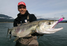 Ein Angler hält einen frisch gefangenen Fisch, wahrscheinlich einen Lachs, in einem Gewässer mit bergiger Landschaft im Hintergrund.