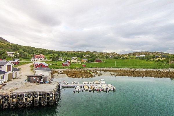 Kleines Fischerdorf in Nord-Norwegen mit bunten Häusern, kleinem Hafen für Boote und grüner, hügeliger Landschaft im Hintergrund. Perfekt für Angelurlaub und Naturerlebnisse. Nordische Atmosphäre, ideal für Meeresangeln in unberührter Natur.