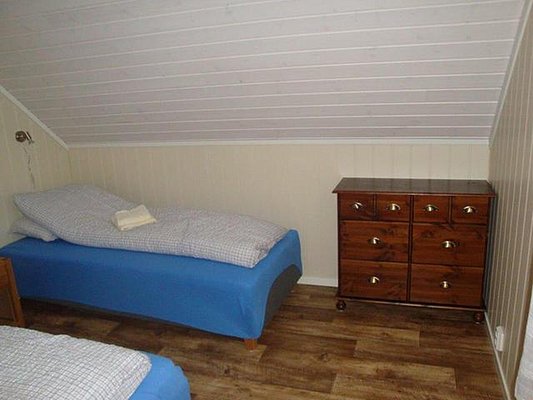 Gemütliches Schlafzimmer in Nordland, Norwegen: Zwei Einzelbetten mit blauer Bettwäsche, Holzboden und eine rustikale Kommode bieten entspannte Atmosphäre. Perfekte Unterkunft für Angelreisen.