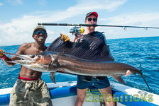 Zwei Angler präsentieren stolz einen beeindruckenden Segelfisch auf einem Boot im blauen Meer der Malediven. Perfektes Ziel für Angelreisen mit vielversprechenden Fangmöglichkeiten und traumhafter Kulisse. Perfektes Reiseziel für Meeresangler.