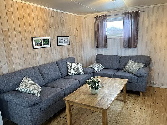 Gemütliches Wohnzimmer in Nord-Norwegen mit Holzwänden, grauen Sofas und dekorativen Kissen. Ein Holztisch mit Blumenarrangement schafft eine einladende Atmosphäre. Perfekte Unterkunft für erholsamen Angelurlaub in skandinavischer Natur.