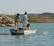 Drei Männer angeln von einem Boot aus auf einem See, während einer einen Fisch aus dem Wasser zieht.