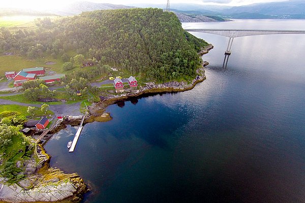 Luftaufnahme von Nordland, Norwegen: Malerische Küstenlandschaft mit grünen Hügeln, roten Häusern, einer Brücke und einem Steg am ruhigen Wasser. Ideal für Angelreisen und Naturerlebnisse.