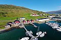 Malerrisches Fischerdorf in Nord-Norwegen mit roten Holzhäusern, steilen grünen Hügeln und einem klaren Hafen voller Segelboote. Perfekter Spot für Angelurlaub und Naturerleben.