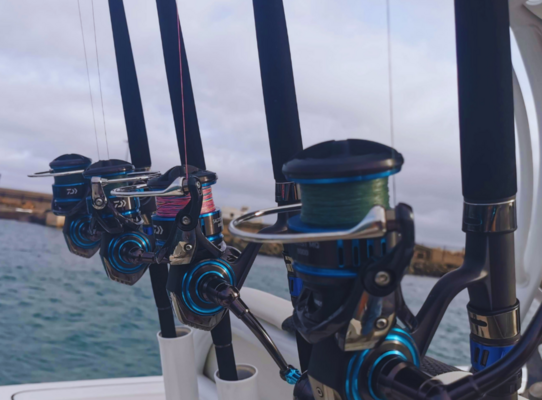 Drei moderne Angelruten mit blauen Rollen in einem Boot bei Sao Vicente, Kapverden. Sie ahnen reiche Fangmöglichkeiten im kristallklaren Wasser und wecken Abenteuerlust auf unvergessliche Angelreisen.