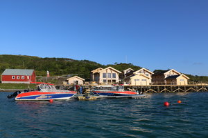 Boote liegen an einem Holzsteg vor traditionellen, skandinavischen Hütten in Nord-Norwegen. Klare blauen Himmel und stilles Wasser verleihen der Szene eine beruhigende Atmosphäre. Ideal für Angelreisen und Naturerlebnisse.