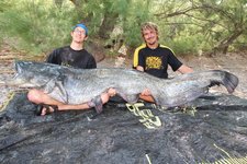 Zwei Personen halten einen großen Wels, während sie im Freien auf einer Plane sitzen, umgeben von Bäumen.