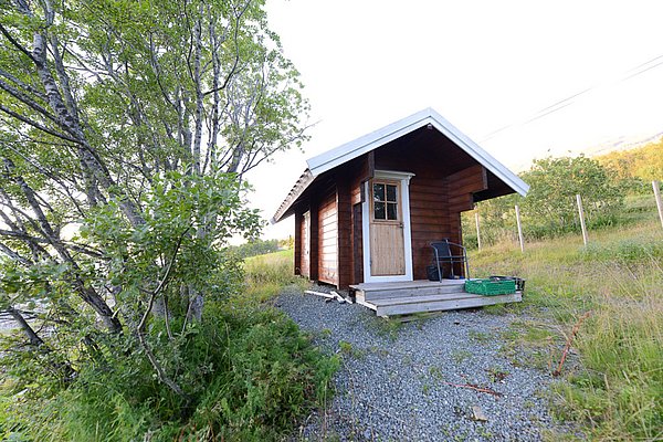 Gemütliche Holzhütte in Nord-Norwegen, umgeben von grasbewachsener Landschaft und Bäumen. Perfekter Rückzugsort für Naturfreunde und Angler; ideal für einen erholsamen Angelurlaub in unberührter nordischer Wildnis.