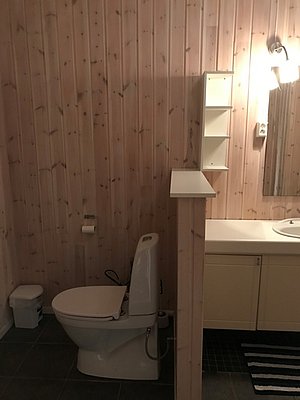Helles Badezimmer in Hitra, Norwegen, mit Holzverkleidung, moderner Einrichtung und Beleuchtung. Ideal für entspannende Angelurlaube in gemütlicher Atmosphäre.