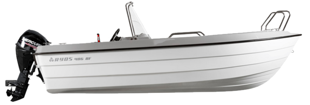 Ein weißes Motorboot der Marke Ryds mit einem Außenbordmotor von Mercury, seitlich fotografiert.