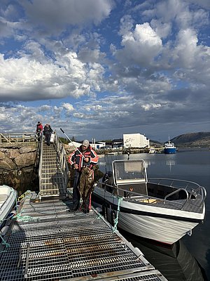Angler hält großen Fisch auf Steg in Hitra, Norwegen, mit Boot im Hintergrund. Perfektes Ziel für Angelurlaub und Meeresangeln. Dramatischer Himmel und klare, ruhige See schaffen eine idyllische Atmosphäre für Abenteurer.