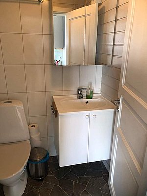 Kompaktes Badezimmer in Nordland, Norwegen: Fliesenwände, weißes Waschbecken mit Spiegel, WC und eleganter Holztür. Perfekt für Angelurlauber, die Komfort in rustikaler Umgebung suchen.