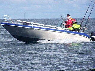 Ein Motorboot mit zwei Personen und Angelruten fährt über eine ruhige Meeresoberfläche.