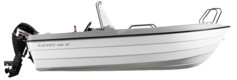 Ein weißes Motorboot der Marke Ryds mit einem schwarzen Außenbordmotor von Mercury, seitlich abgebildet vor weißem Hintergrund.