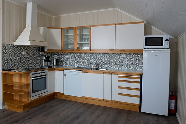 Moderne Küche mit Holzverkleidung, weißen Schränken, Mosaikfliesen, Ofen, Kühlschrank, Mikrowelle und Feuerlöscher.