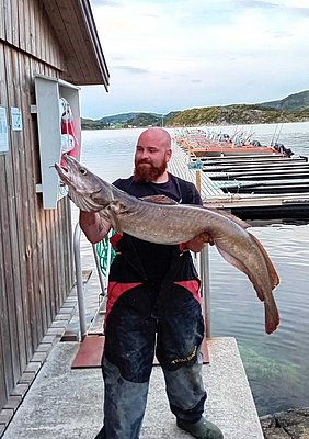 Ein Angler präsentiert stolz einen großen Fisch vor malerischer Küstenlandschaft in Hitra, Norwegen. Perfektes Ziel für Angelreisen und unvergessliche Meeresabenteuer. Ideal für Sportangler auf der Suche nach dem nächsten Fang.