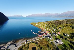 Küstenlandschaft in Nord-Norwegen: Klare blaue Fjorde, grüne Wälder und verstreute bunte Häuser schaffen eine malerische Kulisse. Ideal für Angelurlaub und Naturfreunde auf der Suche nach Abenteuern und Erholung in atemberaubender Umgebung.