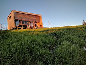 Modernes Holzhaus in Nordland, Norwegen, im warmen Abendlicht. Umgeben von üppiger grüner Wiese, bietet es einen einladenden Rückzugsort in der Natur. Perfekt für Outdoor-Enthusiasten und Naturliebhaber.