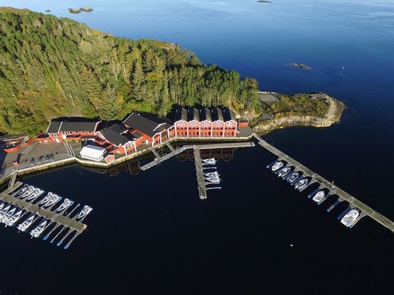 Luftaufnahme eines malerischen Hafens in Nordland, Norwegen: Rote Gebäude am Ufer, umgeben von stillen Gewässern und üppigem Grün. Perfekter Ausgangspunkt für Angelreisen und maritimes Abenteuer.
