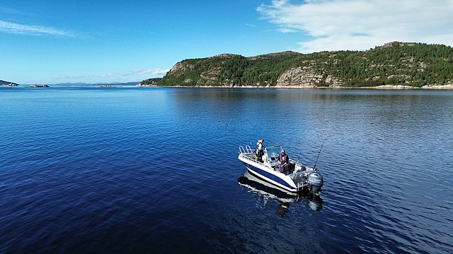 In der Region Hitra, Norwegen: Angler in Motorboot genießen ruhigen, blauen Fjord bei sonnigem Wetter. Landschaft mit bewaldeten Hügeln und klarem Himmel verspricht ideale Bedingungen für Angelabenteuer. Perfekter Angelurlaub in skandinavischer Idylle.