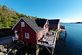 Rotes Holzhaus direkt am Wasser in Hitra, Norwegen. Perfekter Ausgangspunkt für Angelreisen und Abenteuer. Malerische Landschaft, klares Meer, entspannte Atmosphäre – ideal für Erholung und erfolgreiche Angeltrips.