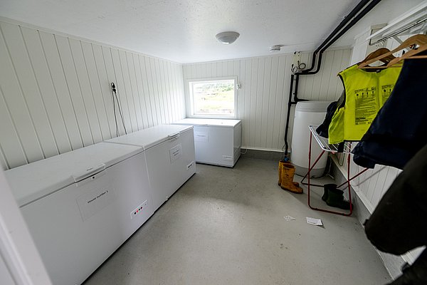 Heller Hauswirtschaftsraum in Nord-Norwegen mit drei weißen Gefriertruhen, gelber Regenjacke und Fenster. Ideal für die Lagerung frischer Fänge beim Angelurlaub. Funktionale Ausstattung für Komfort im norwegischen Angelabenteuer.