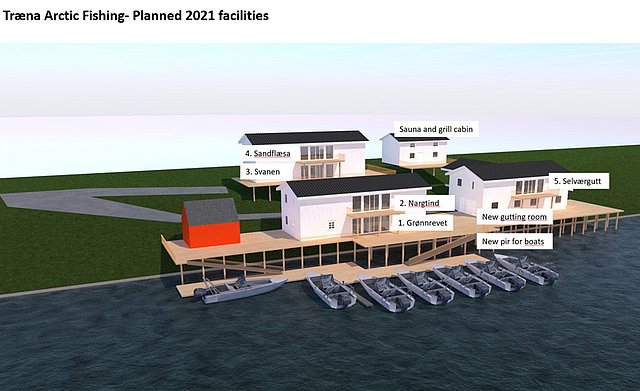 In Nordland, Norwegen, zeigt das Bild geplante Einrichtungen für Træna Arctic Fishing 2021: moderne Hütten, Saunahaus, Steg mit Booten. Idealer Angelurlaub mit komfortabler Unterbringung.
