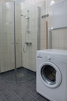 Ein Badezimmer mit einer Glasduschkabine und einer Waschmaschine auf dunklen Fliesen.