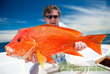 In Süd-Norwegen hält ein Angler einen großen, leuchtend orangefarbenen Fisch in die Kamera. Strahlender Himmel, perfekte Bedingungen für ein unvergessliches Angelabenteuer. Ideal für Angelliebhaber und Meeresangler.