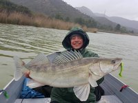 Ein Angler in einer grünen Regenjacke hält einen großen Zander auf einem Boot vor einer bergigen Flusslandschaft in die Kamera.