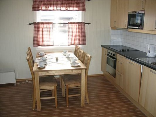 Gemütliche Küche in Nordland, Norwegen, mit Holztisch, Stühlen, modernen Geräten und rot-weiß karierten Vorhängen. Ideal für Angelreisende, die komfortable Unterkünfte suchen. Perfekte Basis für Abenteuer in der nordischen Natur.