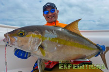 Ein Angler hält stolz einen großen Fisch in der Hand, gefangen vor der Küste Tansanias. Perfekter Moment für begeisterte Angelurlauber, die Abenteuer und reiche Fangchancen im Meeresangeln suchen. Petri Heil in Tansania!