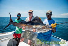 Drei Angler präsentieren stolz einen großen Fisch auf einem Boot im Indischen Ozean bei strahlendem Sonnenschein. Ideal für erlebnisreiche Angelreisen auf den Malediven. Abenteuer, Fangchancen und unvergessliche Momente inklusive.