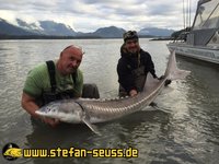 Zwei Männer halten einen großen Stör am Ufer eines Sees oder Flusses mit Bergen im Hintergrund, während ein Boot nahebei sichtbar ist.