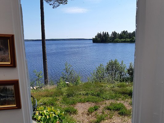 Blick aus einem Fenster auf einen malerischen See umgeben von grüner Natur und einem klaren blauen Himmel, durch den ein einzelner Baum am Ufer ragt.