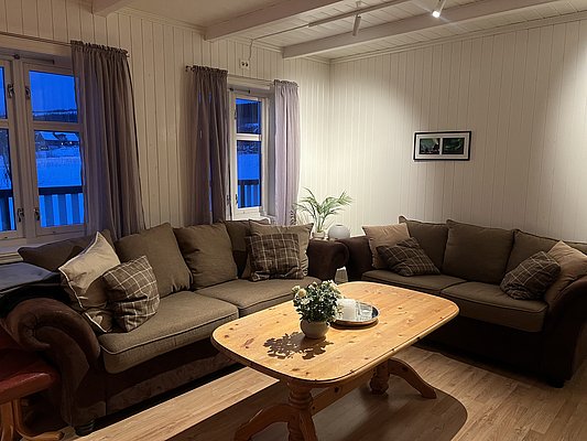 Gemütliches Wohnzimmer in Nord-Norwegen: Braune Sofas, Holztisch mit Blumenarrangement, weiße Holzverkleidung, zwei Fenster mit Vorhängen, nordische Landschaft im Hintergrund. Ideal für entspannte Abende im Angelurlaub.