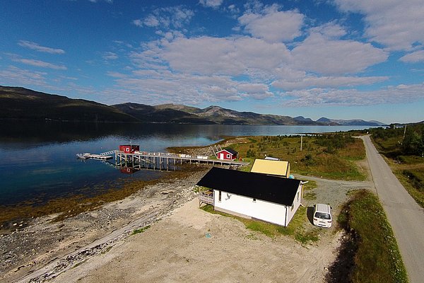 Einsame Küstenlandschaft in Nord-Norwegen: malerisches Fjord mit gemütlichem roten Bootshaus und Steg. Perfekte Kulisse für Angelreisen, umgeben von Bergen und klarblauem Himmel. Abenteuerliches Ziel für Naturliebhaber und Angler.