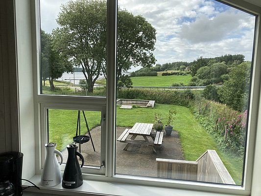 Blick aus dem Fenster in Hitra, Norwegen: Wiesenlandschaft mit Bäumen, Picknicktisch im Garten und dahinter ein ruhiger See. Ideal für Angelreisen und Naturerlebnisse. Ländliche Idylle trifft auf entspannendes Ambiente.