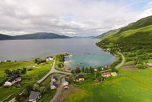 Luftaufnahme von Nord-Norwegen: malerische Küstenlinie mit grünen Hügeln, klaren Gewässern und verstreut liegenden Häusern. Ideal für Angelreisen, bietet atemberaubende Natur und hervorragende Fischereimöglichkeiten. Perfekt für Abenteuerlustige und Naturliebhaber.