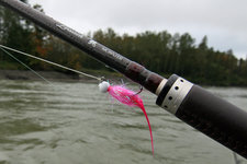 Nahaufnahme einer Angelrute mit einer pinkfarbenen Fliegenköder über einem fließenden Fluss, im Hintergrund ein bewaldetes Ufer.