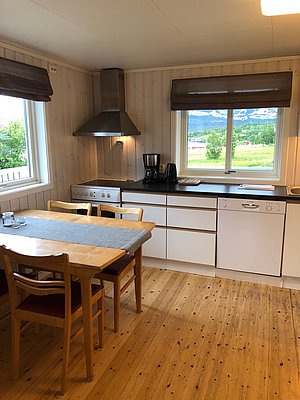 Gemütliche, helle Küche in Nord-Norwegen mit Holzfußboden, Esstisch, Stühlen und moderner Ausstattung. Große Fenster bieten Blick auf grüne Landschaft und Berge. Perfekt für Angelurlaub in skandinavischer Ruhe.