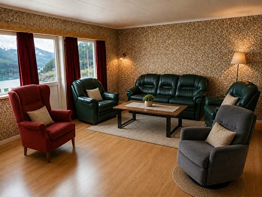 Gemütliches Wohnzimmer in Hitra, Norwegen: Ledersofas, Sessel, Couchtisch und Vintage-Tapete. Fenster bieten Blick auf beeindruckende Berg- und Seenlandschaft. Perfekte Unterkunft für erholsamen Angelurlaub in der Natur. Ideal zum Entspannen nach einem erfolgreichen Angeltag.