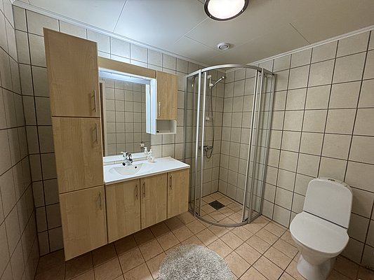 Modernes Badezimmer in Hitra, Norwegen: Geflieste Wände, Duschkabine, Waschbecken mit Holzunterschrank und Toilette. Perfekt für Angelurlauber, die Komfort und Sauberkeit nach einem langen Tag am Wasser suchen.