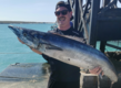 Ein Angler hält einen beeindruckenden Wahoo vor der Küste von São Vicente, Kapverden. Der Fang ist vor türkisblauem Wasser und einer Hafenstruktur platziert, ideal für Angelurlaube mit großartigen Fangmöglichkeiten.