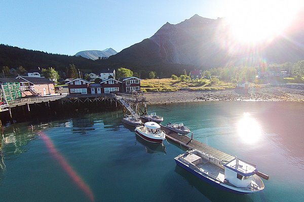 Nord-Norwegen: Malerisches Fjorddorf mit traditionellen Holzhäusern am Wasser. Boote an einem Steg, von Bergen umgeben, im Sonnenlicht glitzernd. Ideal für Angelreisen und Naturerlebnis.