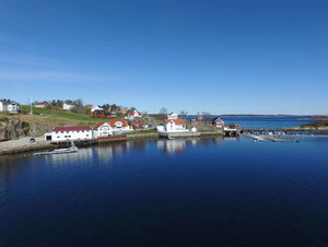 Küstenort in Hitra, Norwegen: Malerische Küstenhäuser und ruhiges blaues Wasser, ideal für Angelurlaube. Klarer Himmel und gepflegte Landschaft bieten perfekten Rückzugsort. Entdecke fischreiche Gewässer und skandinavische Idylle. Perfekt für Abenteuer und Entspannung.